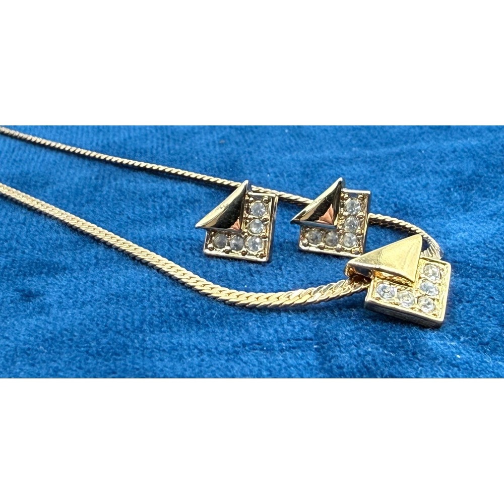 VTG Avon "Dazzlescence" 1985 Necklace & Earrings Geometric Rhinestone GoldTone - Picture 2 of 4